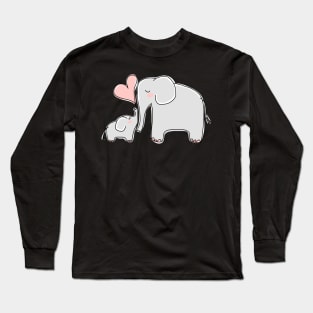 Mom and Baby Elephant with Pink Heart Long Sleeve T-Shirt